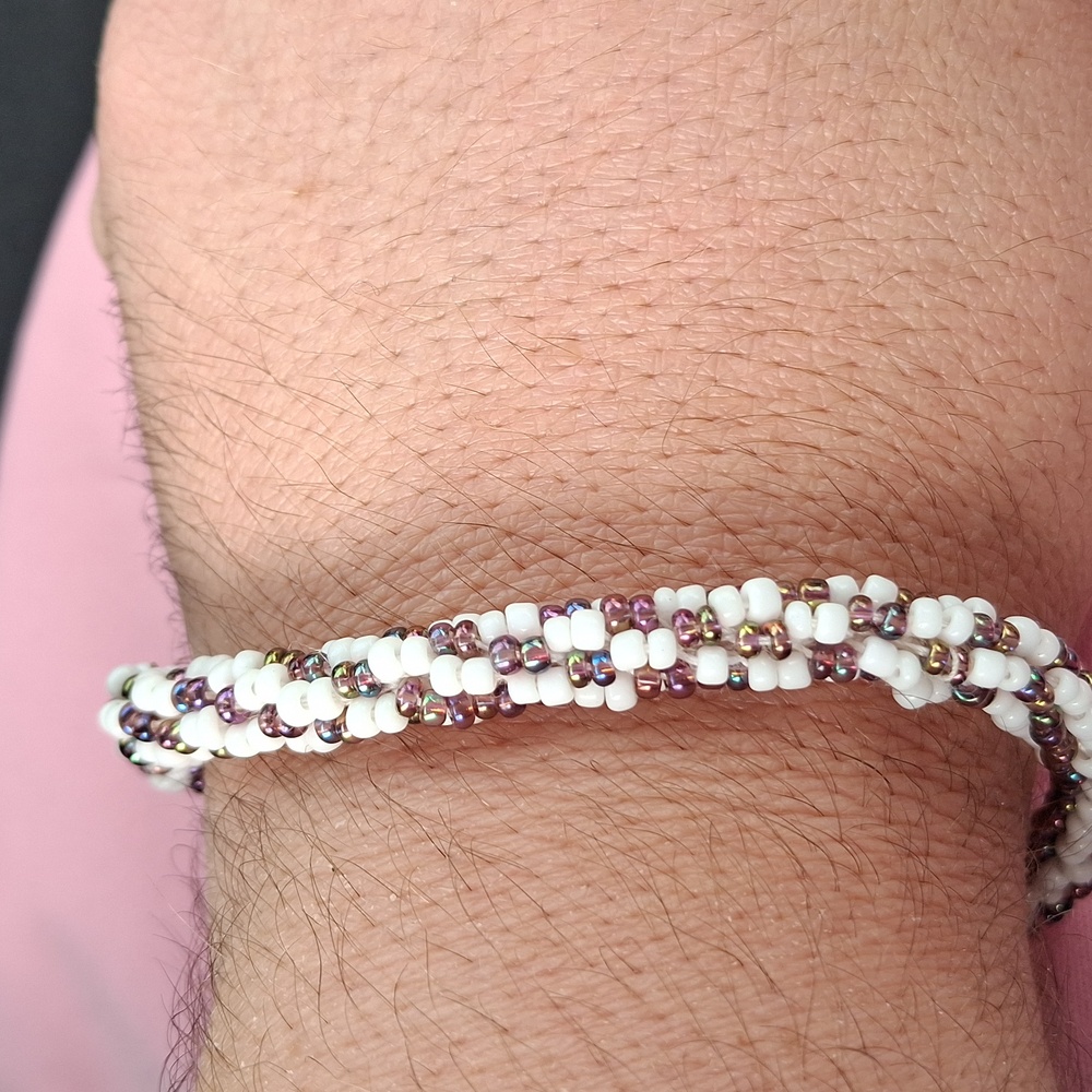 Handmade White Seed Bead Braided Bracelet with Metallic Accents - Picture 3 of 3